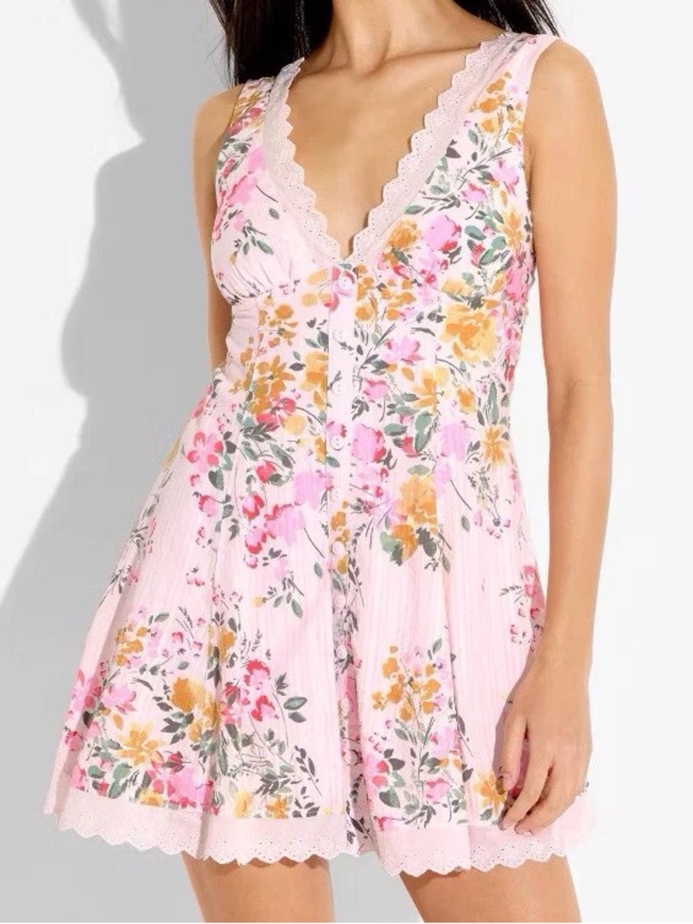 Pink Floral V-Neck Lace Trim Romper - Picture 1 of 1